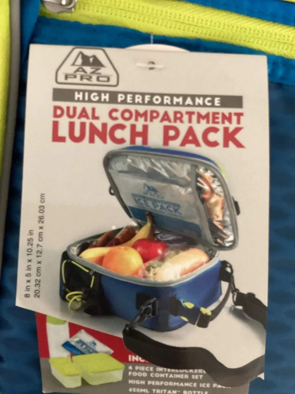 AZ Pro Insulated Zipper Lunch Bag, Blue Geometric w/ Containers & Ice Packs NEW